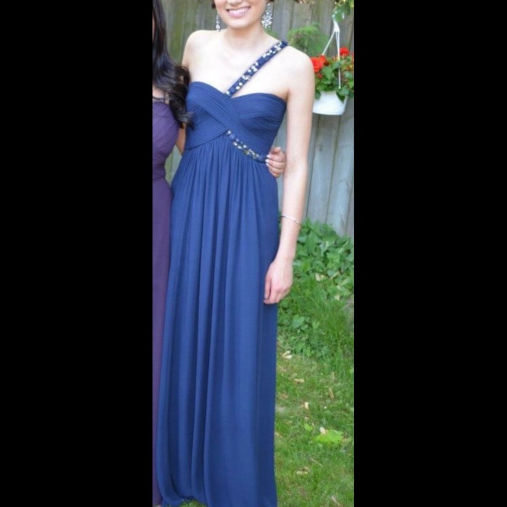 BCBG Navy Blue Silk One Shoulder Beaded Maxi Evening Dress